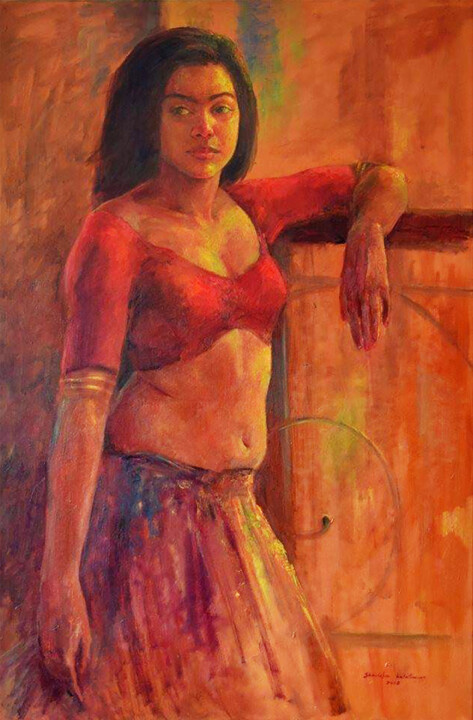 Painting titled "The Lady of the Hou…" by Shanaka Kulatunga, Original Artwork, Oil Mounted on Wood Stretcher frame