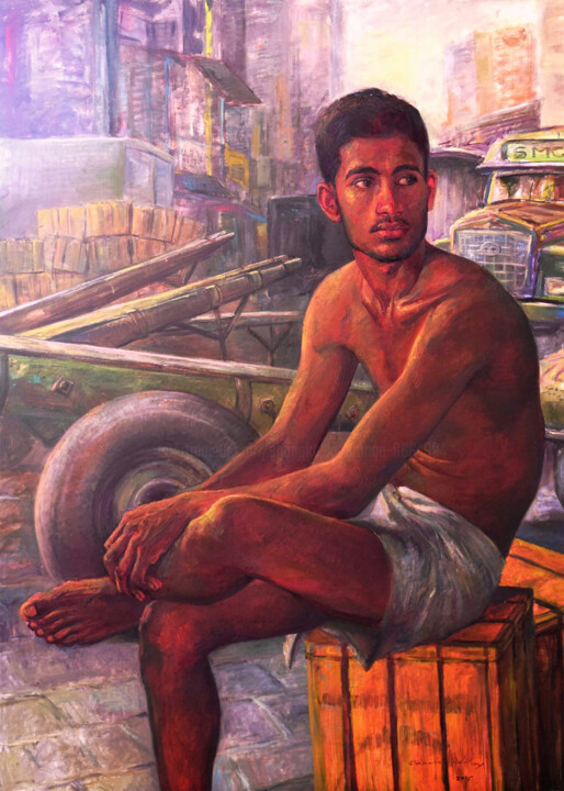 Painting titled "Taking a break" by Shanaka Kulatunga, Original Artwork, Oil Mounted on Wood Stretcher frame