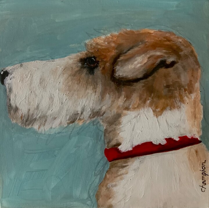 Painting titled "The dog" by Sharon Champion, Original Artwork, Oil Mounted on Wood Stretcher frame