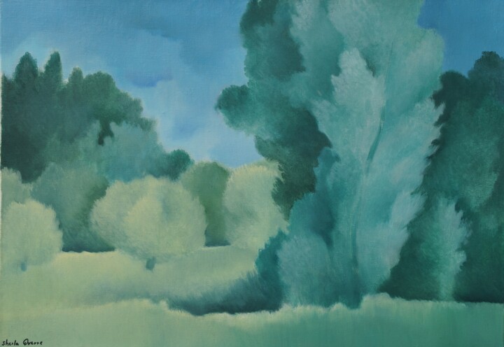 Pittura intitolato "Paysage en vert et…" da Sheila Querre, Opera d'arte originale, Olio