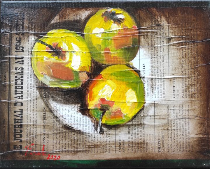 「Les pommes」というタイトルの絵画 Farkhondeh Sheibanikia (Farah)によって, オリジナルのアートワーク, オイル ウッドストレッチャーフレームにマウント