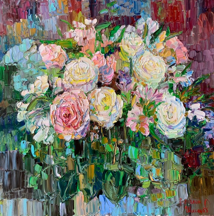 Painting titled "Розы на фоне ночног…" by Vasilii Shikhanov, Original Artwork, Oil