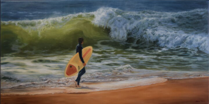 Painting titled "Freedom (Surfer on…" by Silvia Habán, Original Artwork, Oil Mounted on Wood Stretcher frame
