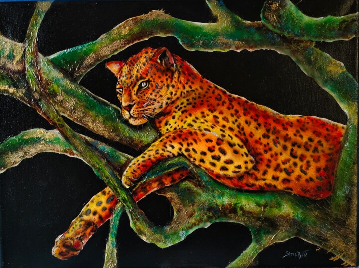 Malerei mit dem Titel "leopard king" von Sima Bart, Original-Kunstwerk, Airbrush Auf Keilrahmen aus Holz montiert