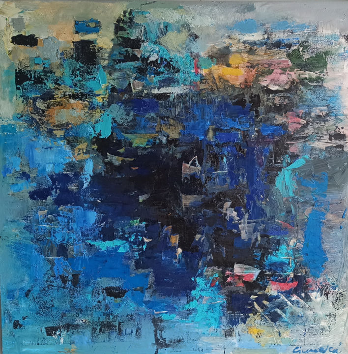 Painting titled "Blue abstract" by Simion Ciumeica, Original Artwork, Oil