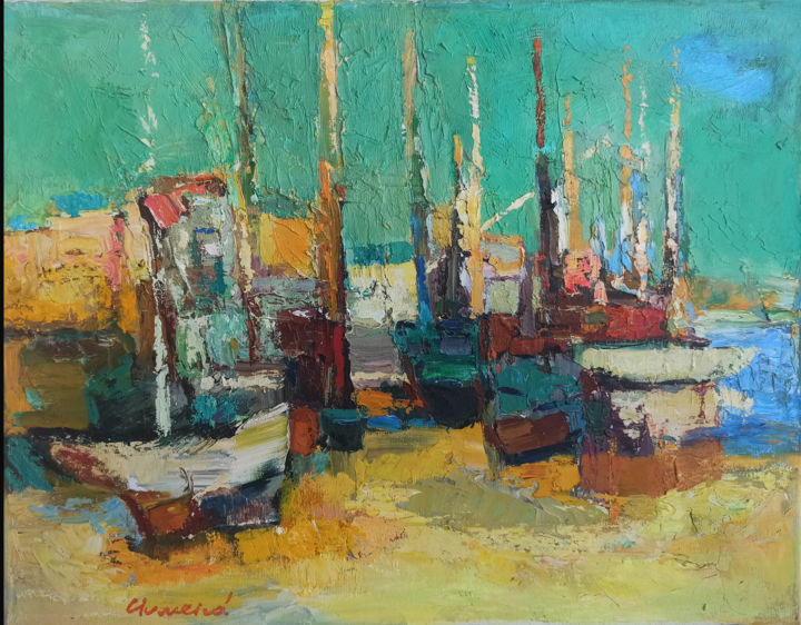 Painting titled "Boats abstract" by Simion Ciumeica, Original Artwork, Oil