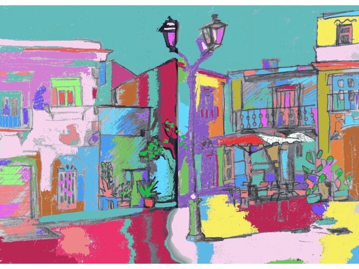 Digital Arts titled "Ortigia piazza" by Simon Taylor, Original Artwork, Digital Painting