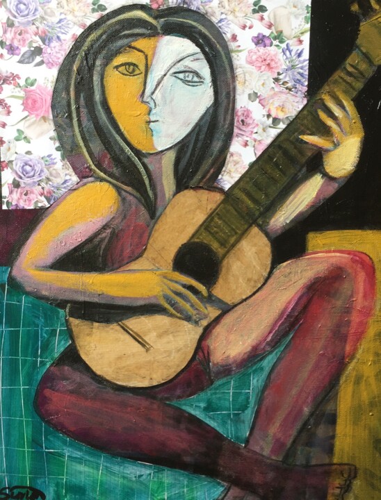 Peinture intitulée "woman  & guitar" par Simon Taylor, Œuvre d'art originale, Acrylique