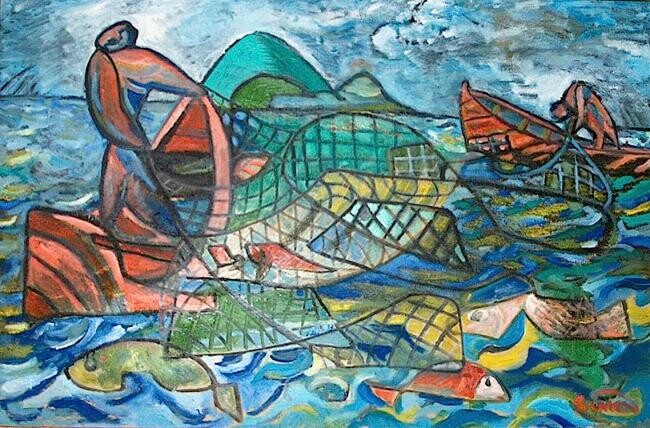 Ζωγραφική με τίτλο "Fishermen" από Simon Taylor, Αυθεντικά έργα τέχνης