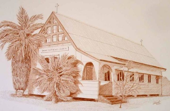 Desenho intitulada "Quilpie church Sout…" por Outback Sketch Artist, Obras de arte originais, Tinta