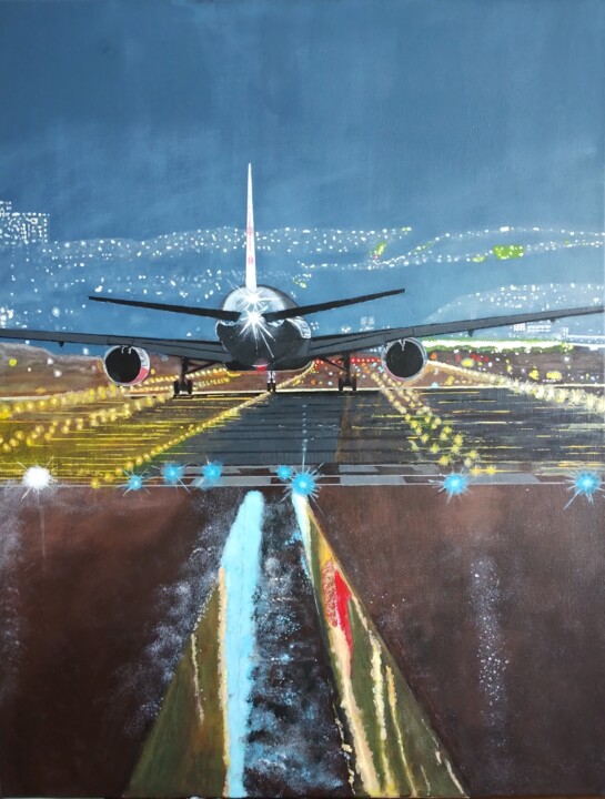 Pintura titulada "Arrivée d'un avion…" por Skylinepainting, Obra de arte original, Acrílico Montado en Bastidor de camilla d…