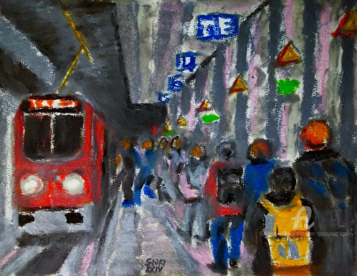 Pittura intitolato "Station de metro ch…" da Slobodan Spasojevic (Spaki), Opera d'arte originale, Pastello