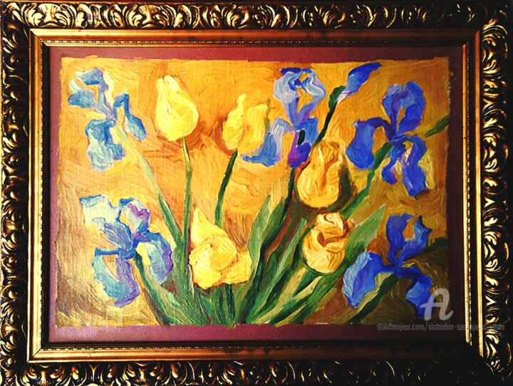 Painting titled "Les iris et tulipes" by Slobodan Spasojevic (Spaki), Original Artwork, Oil