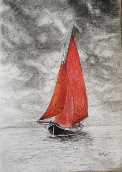 "Crimson Sails" başlıklı Resim Smita Srivastav tarafından, Orijinal sanat, Karakalem