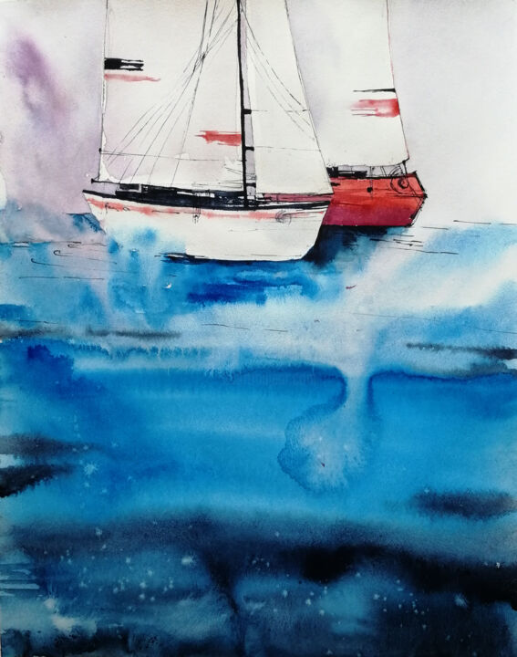Ζωγραφική με τίτλο "Лодки 2" από Marina Zhukova, Αυθεντικά έργα τέχνης, Ακουαρέλα