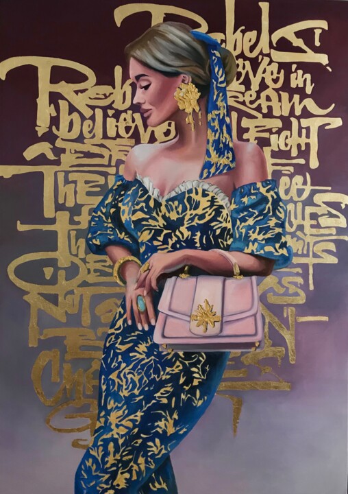 Painting titled "Madame" by Solomiia Rakush, Original Artwork, Oil Mounted on Wood Stretcher frame