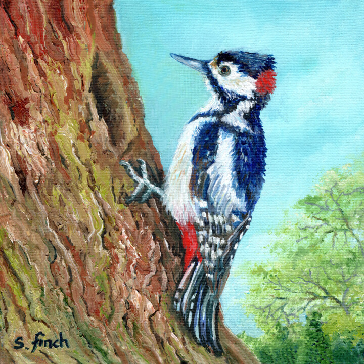 Картина под названием "Spirit of Woodpecker" - Sonia Finch, Подлинное произведение искусства, Масло Установлен на Деревянная…