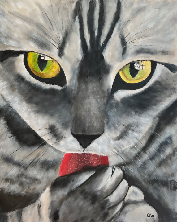 Painting titled "Cat licks its paw" by Sonny Andersson, Original Artwork, Oil