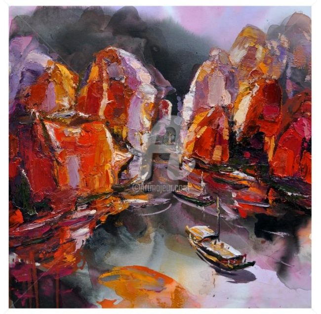 Peinture intitulée "red purple halong b…" par Soon Lai Wai, Œuvre d'art originale, Huile
