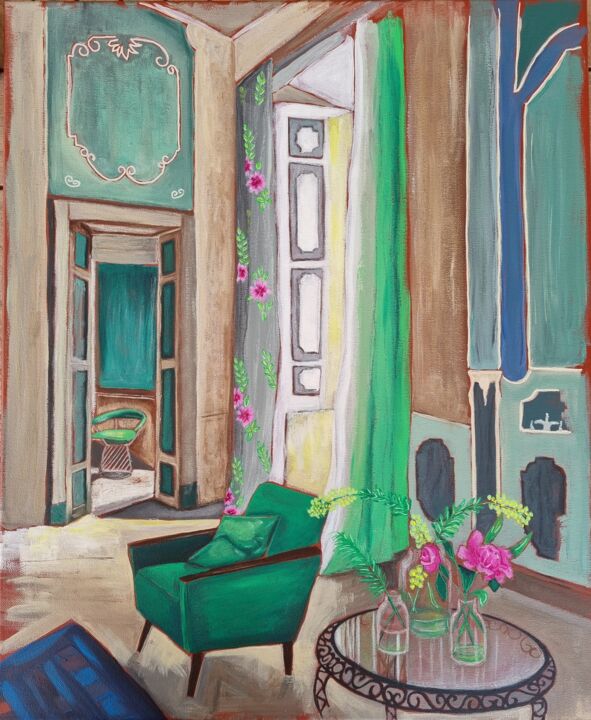 Malerei mit dem Titel "Le salon vert" von Sophie Ackermann, Original-Kunstwerk, Acryl