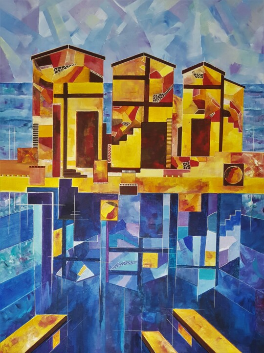 Painting titled "Reflets de cabanes" by Sophie Cottin, Original Artwork, Acrylic Mounted on Wood Stretcher frame