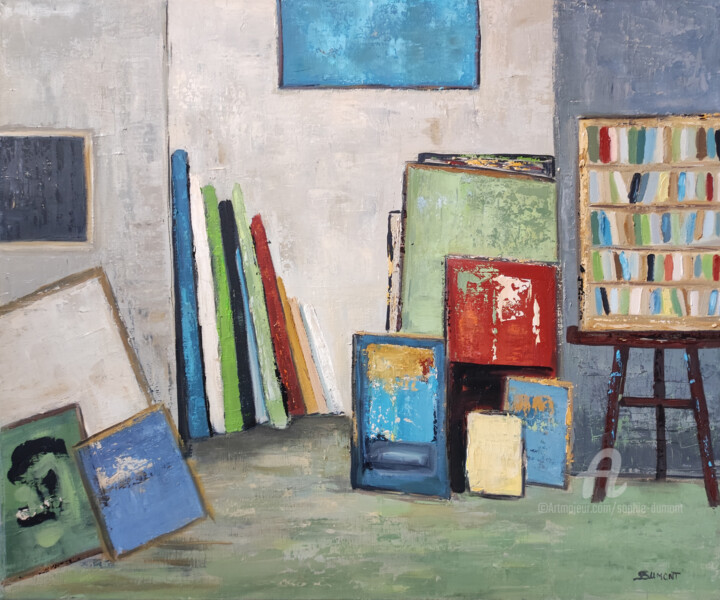 Pittura intitolato "l'atelier du peintre" da Sophie Dumont, Opera d'arte originale, Olio