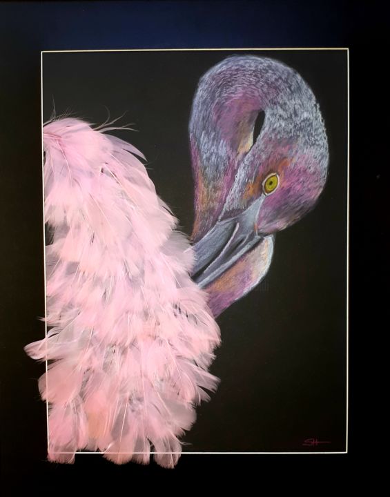 Dessin intitulée "Flamingo" par Sophie Haldi, Œuvre d'art originale, Pastel Monté sur Panneau de bois