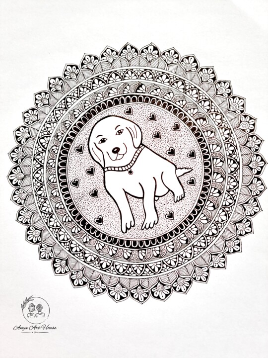제목이 "Handmade Dog Mandal…"인 그림 Soumyarani Guda로, 원작, 잉크 나무 들것 프레임에 장착됨