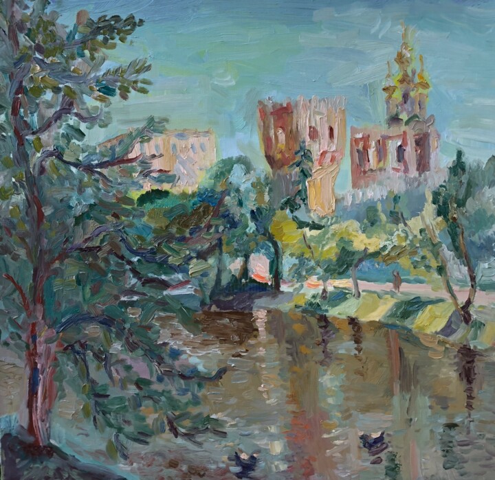 Painting titled "Новодевичий пруд" by Stanislav Polikarpov, Original Artwork, Oil