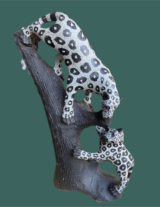 Escultura intitulada "Leopard & Cub" por Stanley Sibanda, Obras de arte originais, Pedra