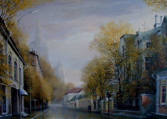 Malerei mit dem Titel "Поварская ул. Осень." von Aleksandr Starodubov, Original-Kunstwerk