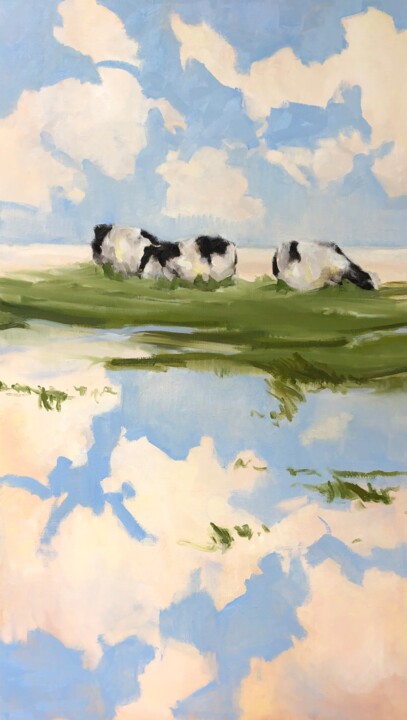 Malerei mit dem Titel "Cows on the isle" von Stella Burggraaf, Original-Kunstwerk, Öl Auf Keilrahmen aus Holz montiert