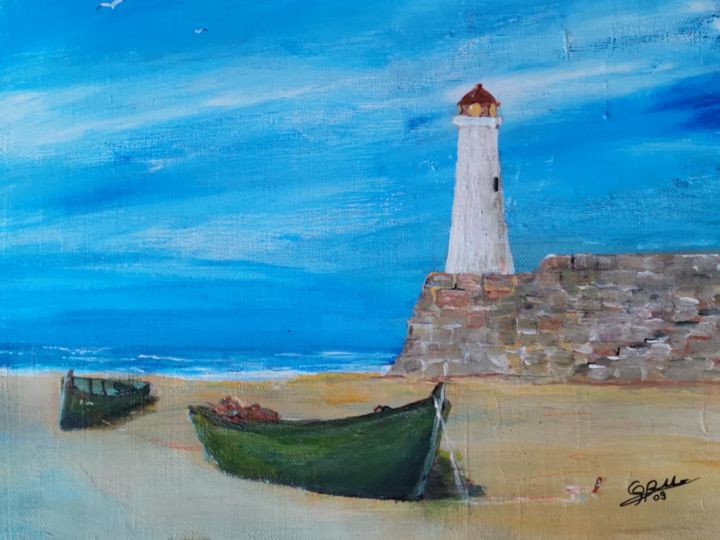 Painting titled "phare au bas de mer" by Stéphane Brandého, Original Artwork, Acrylic