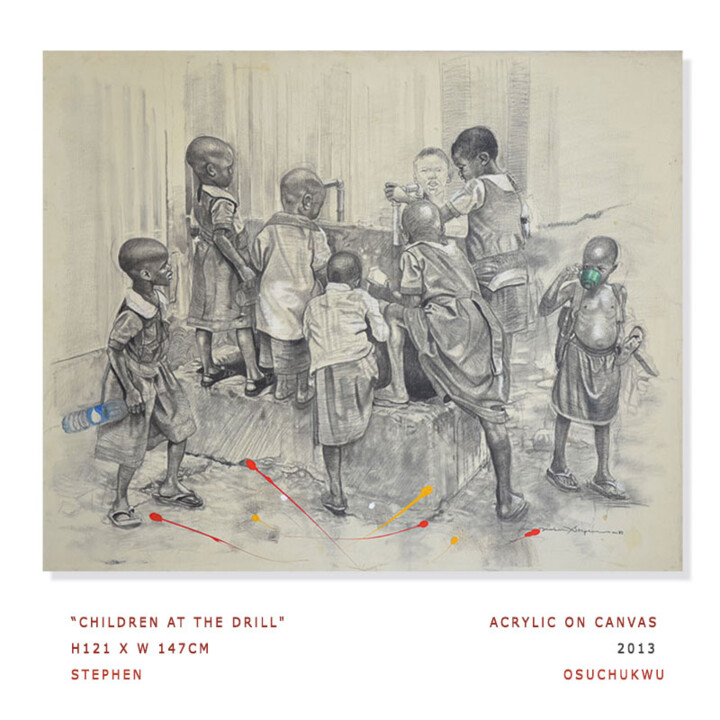 Peinture intitulée "Children At TheDrill" par Stephen Osuchukwu Signature Art Gallery, Œuvre d'art originale, Fusain