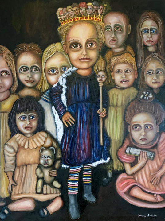 Painting titled "Doll Queen by Steve…" by Steve Shanks, Original Artwork, Oil Mounted on Wood Stretcher frame