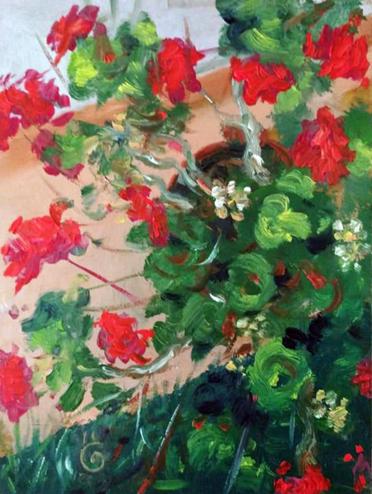 Peinture intitulée "Fiore di altea rosa…" par Gent Faja, Œuvre d'art originale, Huile