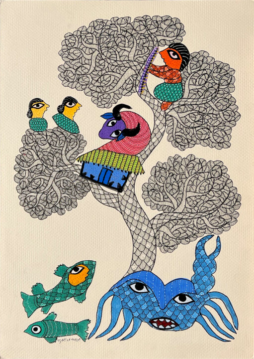 Painting titled "Tree climbing" by Subhash Vyam, Original Artwork, Acrylic