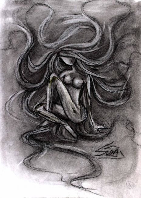 Dessin intitulée "LOST IN HER OWN WOR…" par Sudha Sama, Œuvre d'art originale