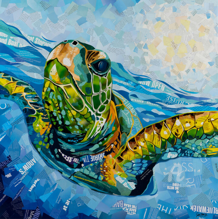 Collages titulada "Underwater Turtle" por Sue Dowse, Obra de arte original, Collages Montado en Bastidor de camilla de madera