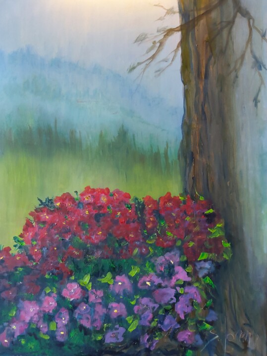 Painting titled "At the Grand View" by Sue Lorenz, Original Artwork, Oil Mounted on Wood Stretcher frame