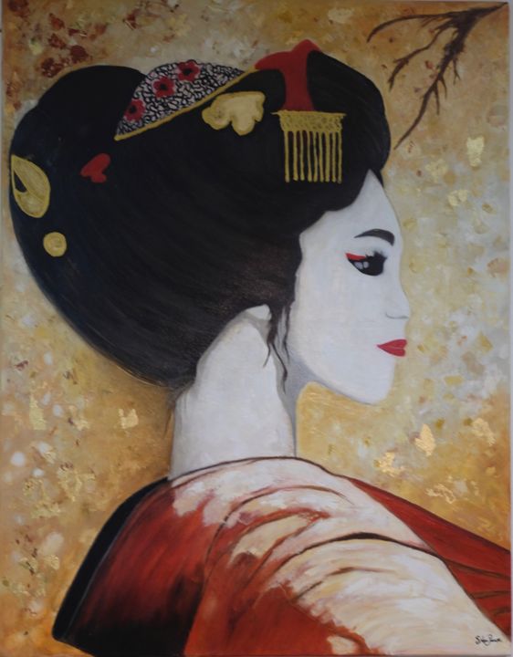 Painting titled "Geisha-Artisan" by Sunny Panse-Hsu, Original Artwork, Oil Mounted on Wood Panel