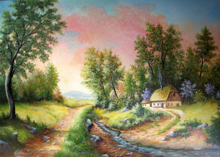 Painting titled "Dans la paix d'un s…" by Gérard Jéhin, Original Artwork, Oil