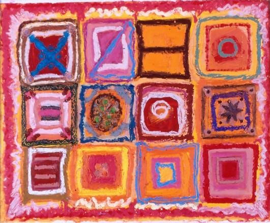 Schilderij getiteld "Patchwork of Life" door Susan Cagen, Origineel Kunstwerk, Olie