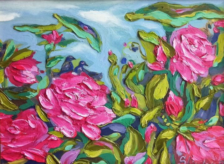 Flowers Hand Painted Metallic Watercolor Painting 9x12, Original