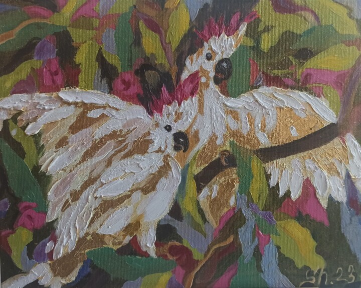 Schilderij getiteld "Parrots Painting Bi…" door Svetlana Sindere, Origineel Kunstwerk, Olie Gemonteerd op Karton