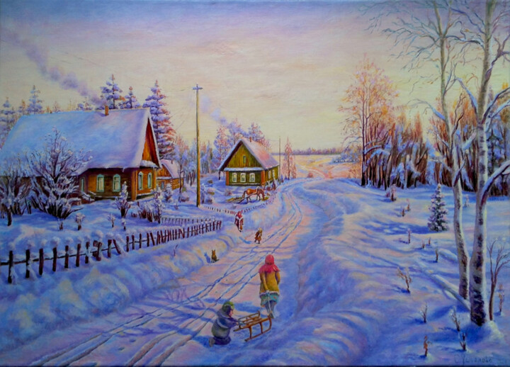 Pintura intitulada "Зимой в деревне" por Svetlana Kuschialova, Obras de arte originais, Óleo Montado em artwork_cat.