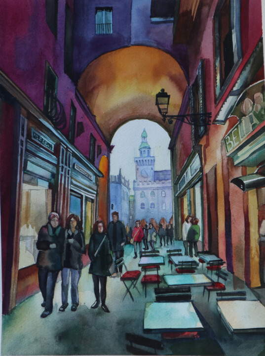 Painting titled "Bologna_piazza Magg…" by Sviatlana Danskaya, Original Artwork, Watercolor