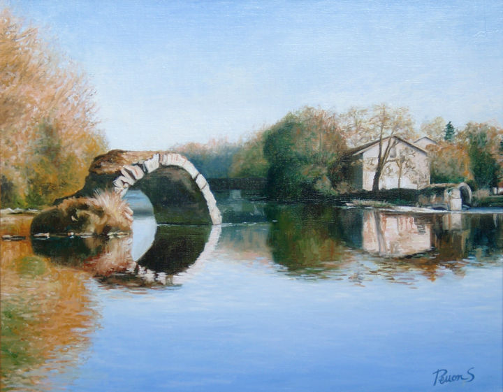 「Le pont roman」というタイトルの絵画 Sylvain Perronによって, オリジナルのアートワーク, オイル