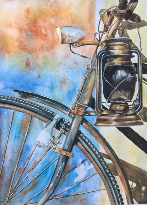Painting titled "la bicyclette" by Sylvie Boulet, Original Artwork, Watercolor