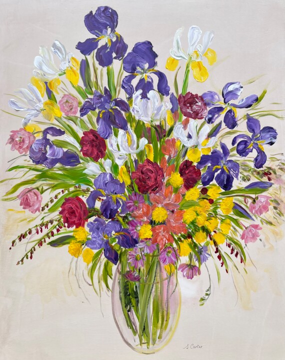 Schilderij getiteld "Spring Flowers in a…" door Sylvie Carter, Origineel Kunstwerk, Acryl Gemonteerd op Frame voor houten br…